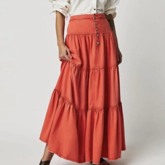 We The Free Dresses & Skirts - Free People We The Free Denim Dreamweaver Tiered Maxi Skirt Fire Orange
